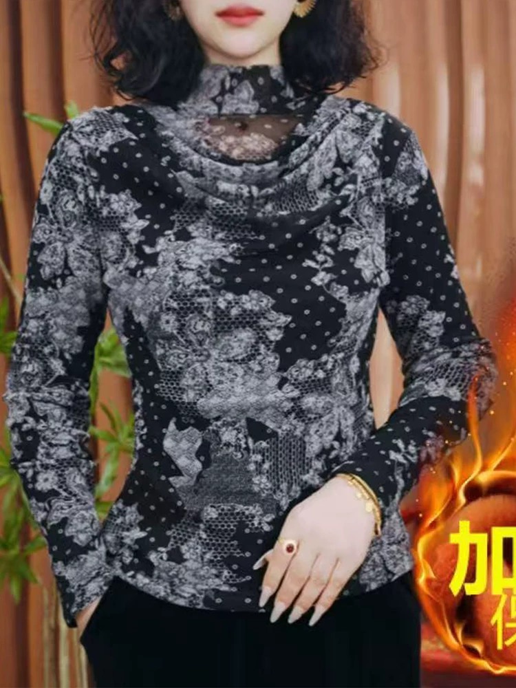 冬季新款半高领收腰显瘦大码弹力打底衫R水墨花色长袖百搭女上衣