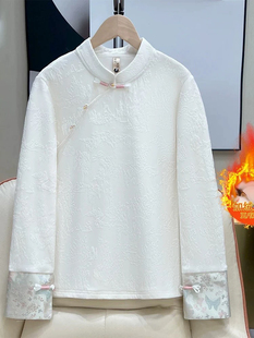 国风提花打底衫冬季新款加绒加厚时尚拼接袖口I减龄立领上衣内搭