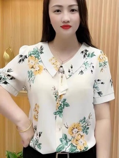女夏季 印花小衫 2023短袖 時尚 花色中年雪紡上衣舒適上衣 新款 襯衫