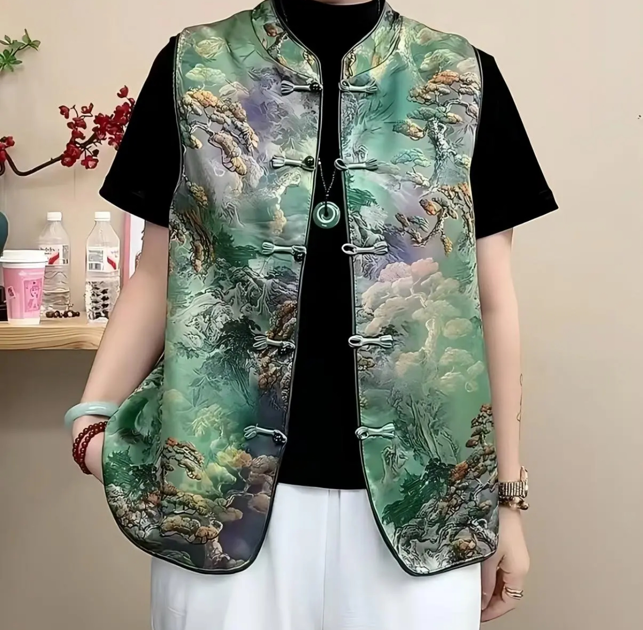 体印花马夹高端缎面女无袖上衣