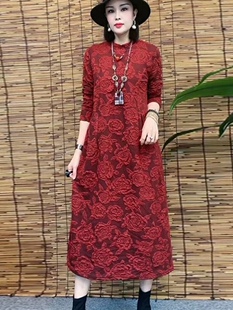 春秋季新款长袖百搭宽松版高弹力女装提花棉妈妈长款连衣裙气质款