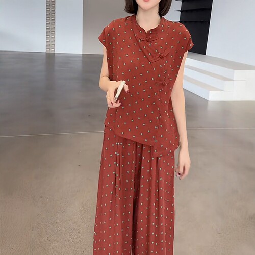 夏季新款新中式时尚套装F棉绸舒适透气宽松显瘦两件套中老年女装