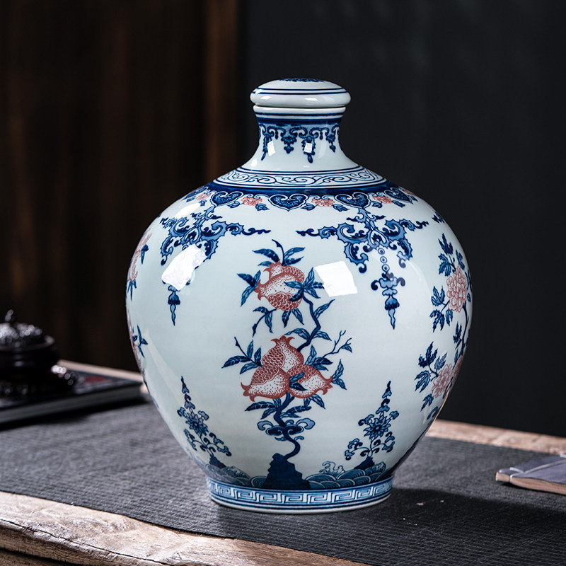 景德镇陶瓷密封酒瓶手绘青花釉里红高档石榴酒坛子10斤装储酒罐,餐饮具,酒瓶/酒桶/酒坛,淘宝优惠券,粉丝福利购,淘宝优惠卷