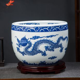 景德镇陶瓷器青花双龙戏珠聚宝盆金鱼缸风水玄关开业摆件 书画缸