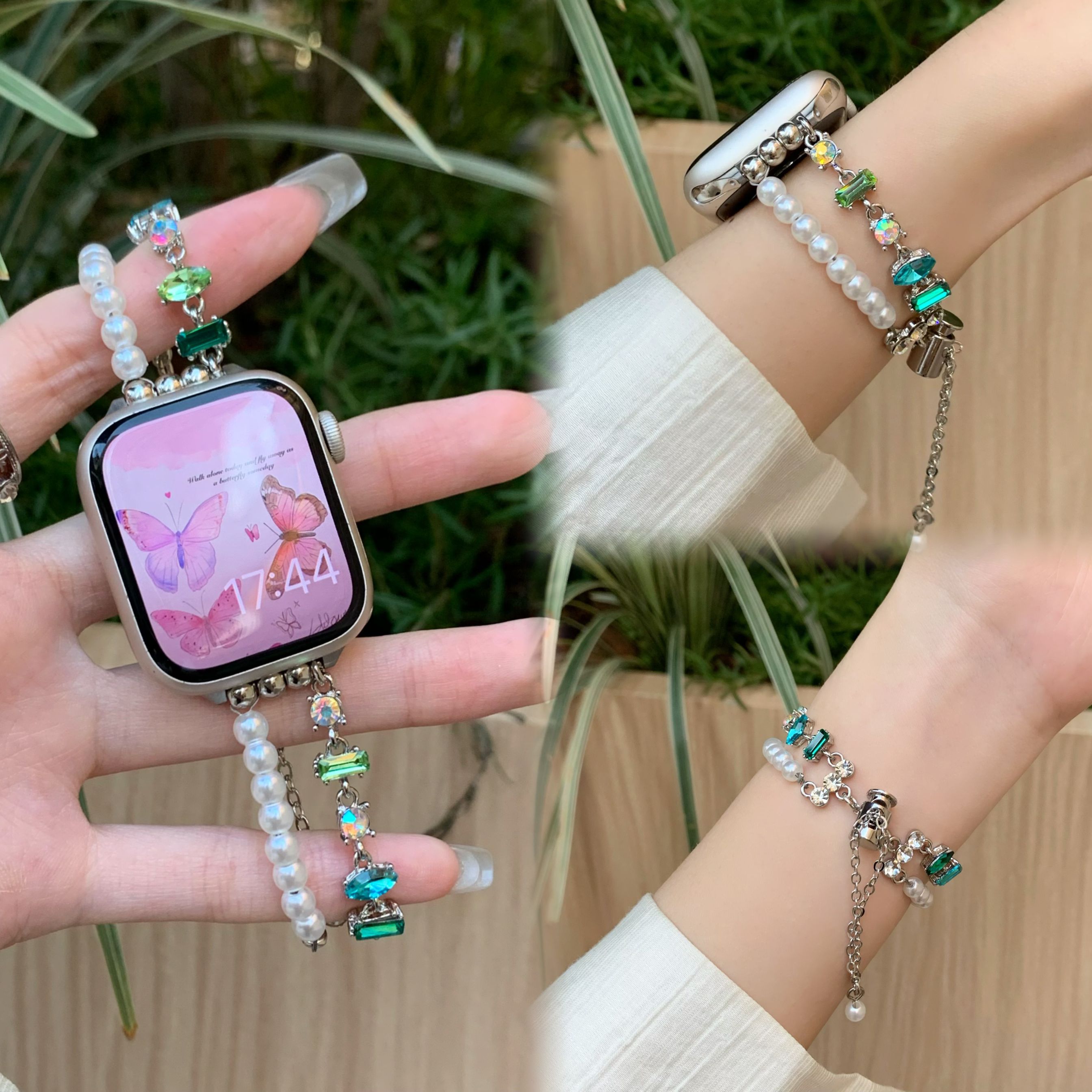 珍珠闪钻适用iwatch10表带小米9pro表链华为fit3红米watch5/4表带