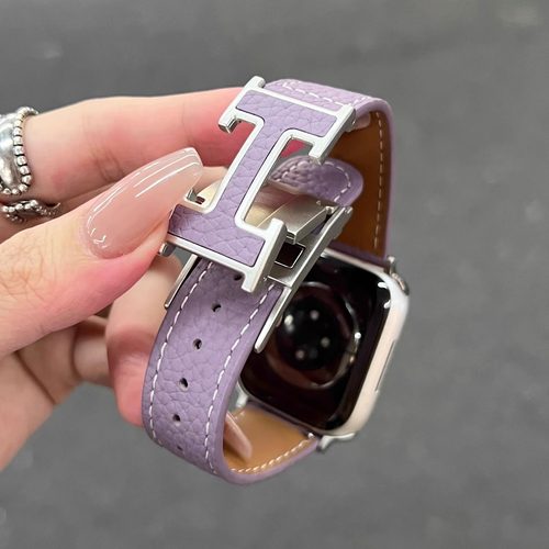 柔软荔枝纹H磁吸扣真皮苹果手表表带适用于Apple Watch8iwatch9SE