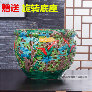 创意高档景德镇陶瓷雕刻双层镂空鱼缸画缸 花瓶客厅摆件装饰品