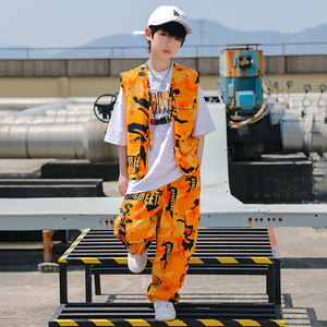 贝可家儿童街舞潮服嘻哈hiphop短袖马甲帅气男女童街舞套装演出服