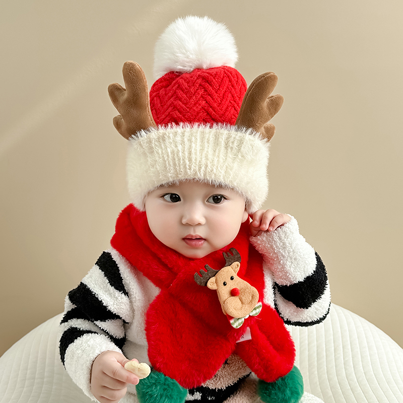 儿童圣诞帽子围巾手套三件套冬季男童女童礼盒礼物小朋友宝宝红色