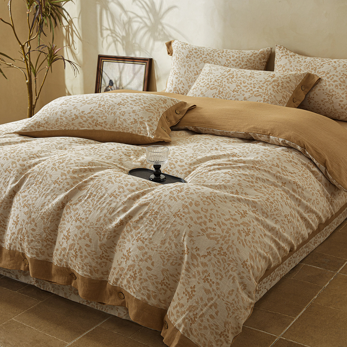 中式复古风A类棉麻色织提花四件套纽扣被套床单乔迁陪嫁礼床品