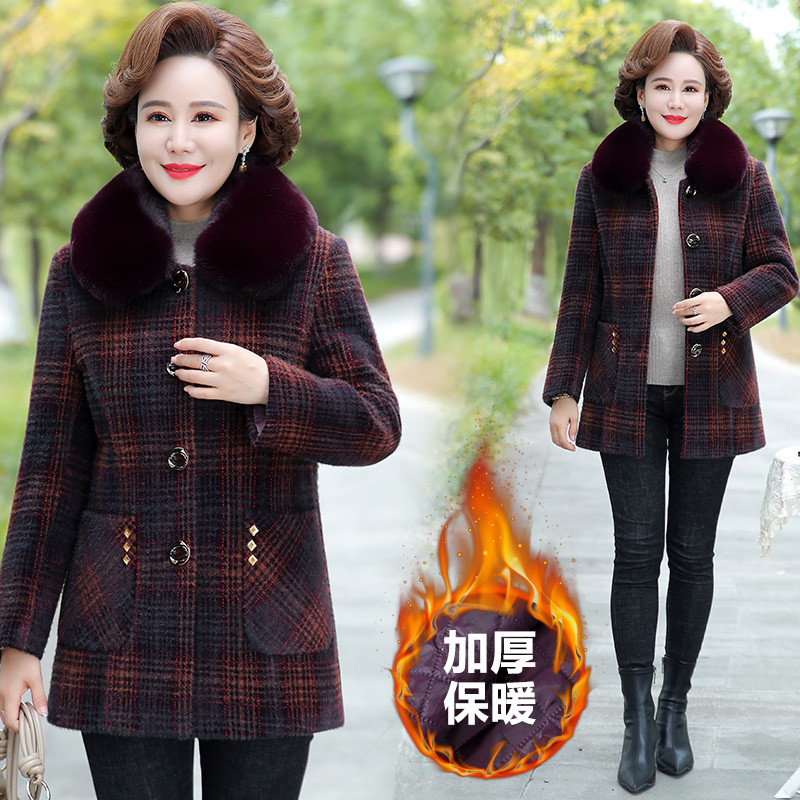 妈妈冬装毛呢外套加绒中年冬季格子呢子大衣夹棉大毛领中老年秋冬