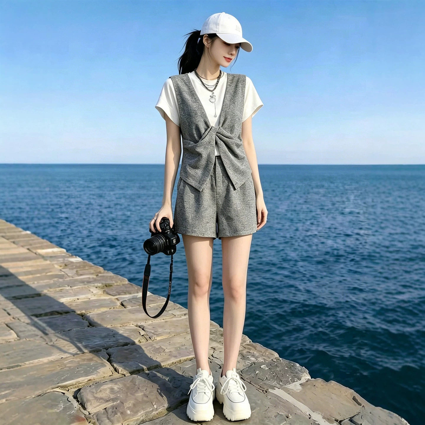 减龄假两件休闲套装女2026夏季简约设计感短袖上衣短裤两件套