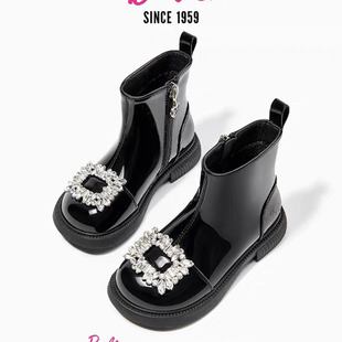 女童靴子儿童短靴水晶马丁靴黑色棉靴2025秋冬新款女孩公主鞋加绒