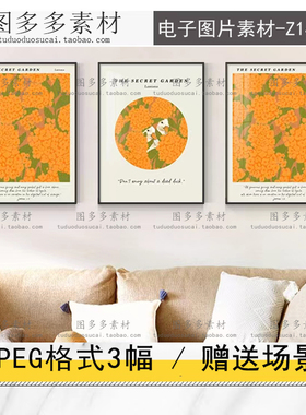 简约北欧橙色抽象几何手绘植物花卉动物小鸟客厅三联装饰画图片库