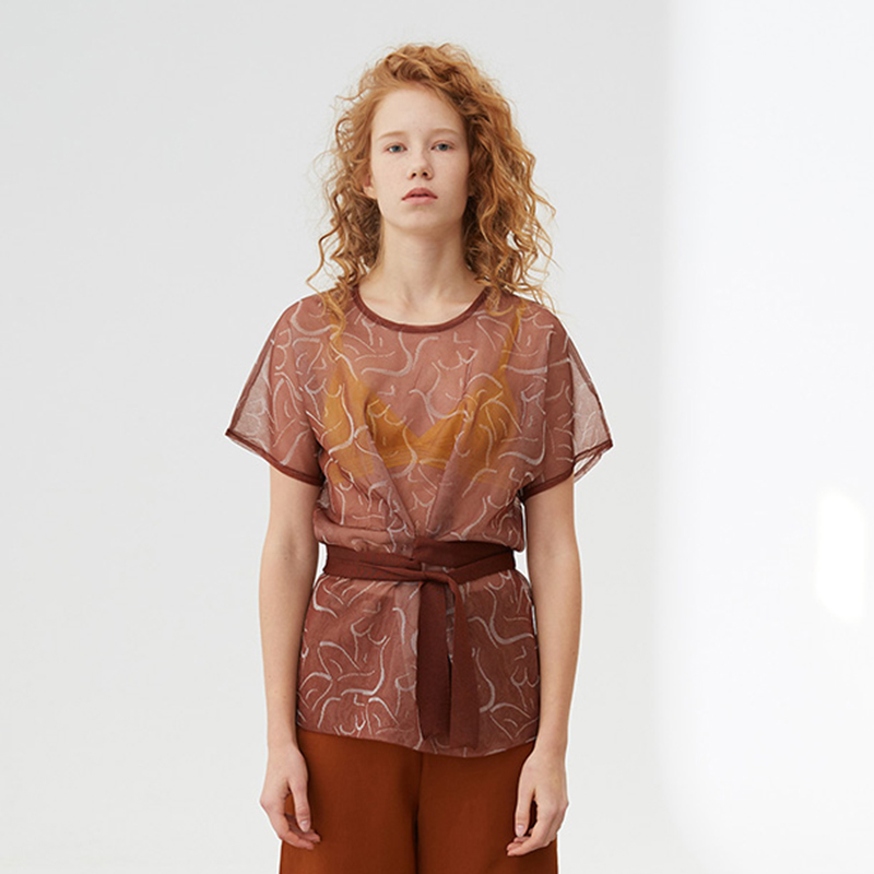 春夏透明艺术提花收腰针织上衣