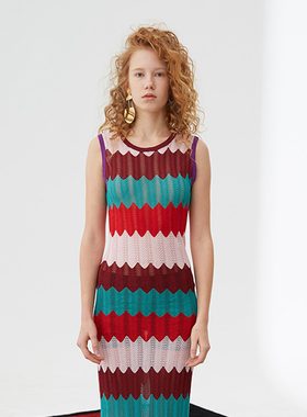 原创设计LOU DE NANNAN春夏人气修身显瘦连衣裙彩虹色包身连衣裙