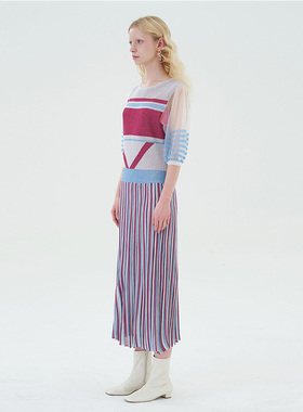 原创设计Lou de Nannan淡蓝色亮丝泡泡袖通勤度假提花针织连衣裙