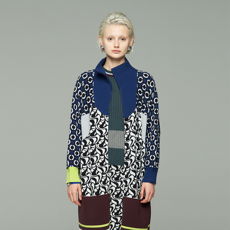 运动摩登长款提花撞色羊毛大衣