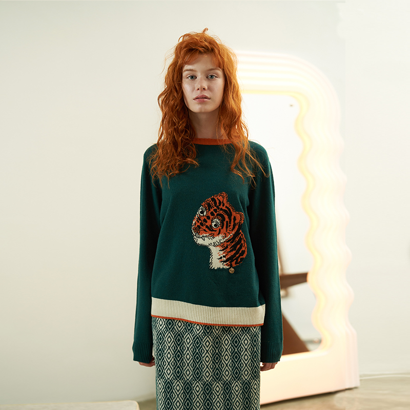 墨绿色复古风几何图案针织半裙