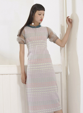 原创设计LOU DE NANNAN夏季通勤唯美气质蓬蓬袖针织提花连衣裙