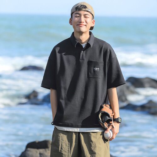 日系复古假两件polo衫短袖男