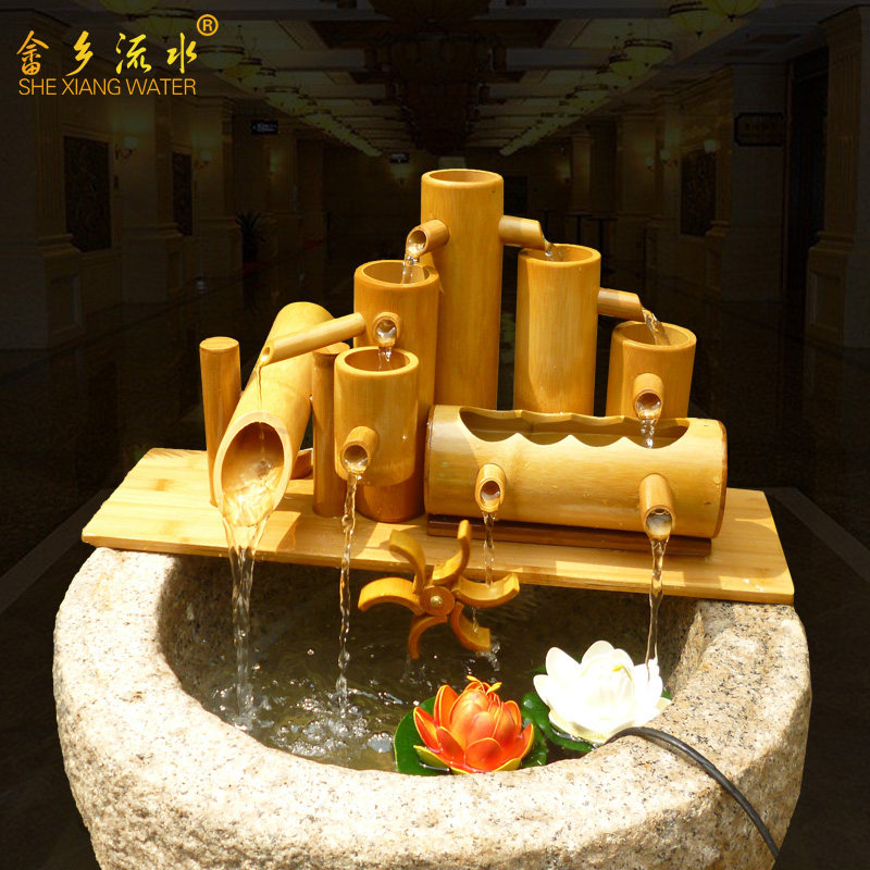竹子流水器鱼养鱼缸水循环水车竹子风水轮招财造景竹人拉锯流水器