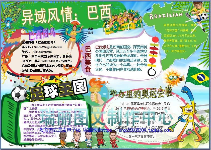 异域风情巴西彩色电子小报模板旅游手抄报游记板报海报模板1798