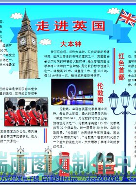 走进英国彩色电子小报模板英格兰旅游介绍手抄报欧洲板报2135