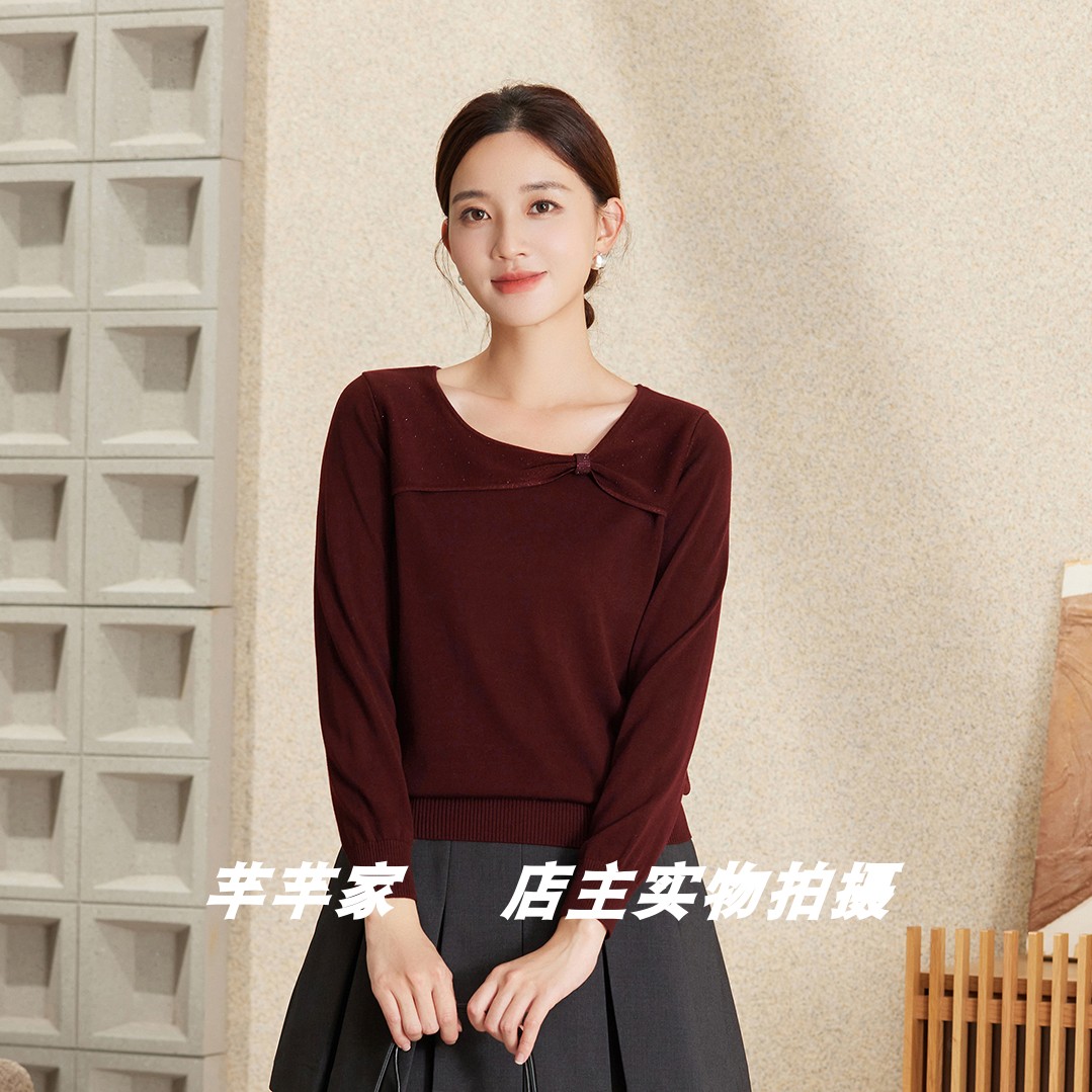 衣贵菲69101莱赛尔女针织衫2026秋季新品圆领长袖烫钻小众套头衫