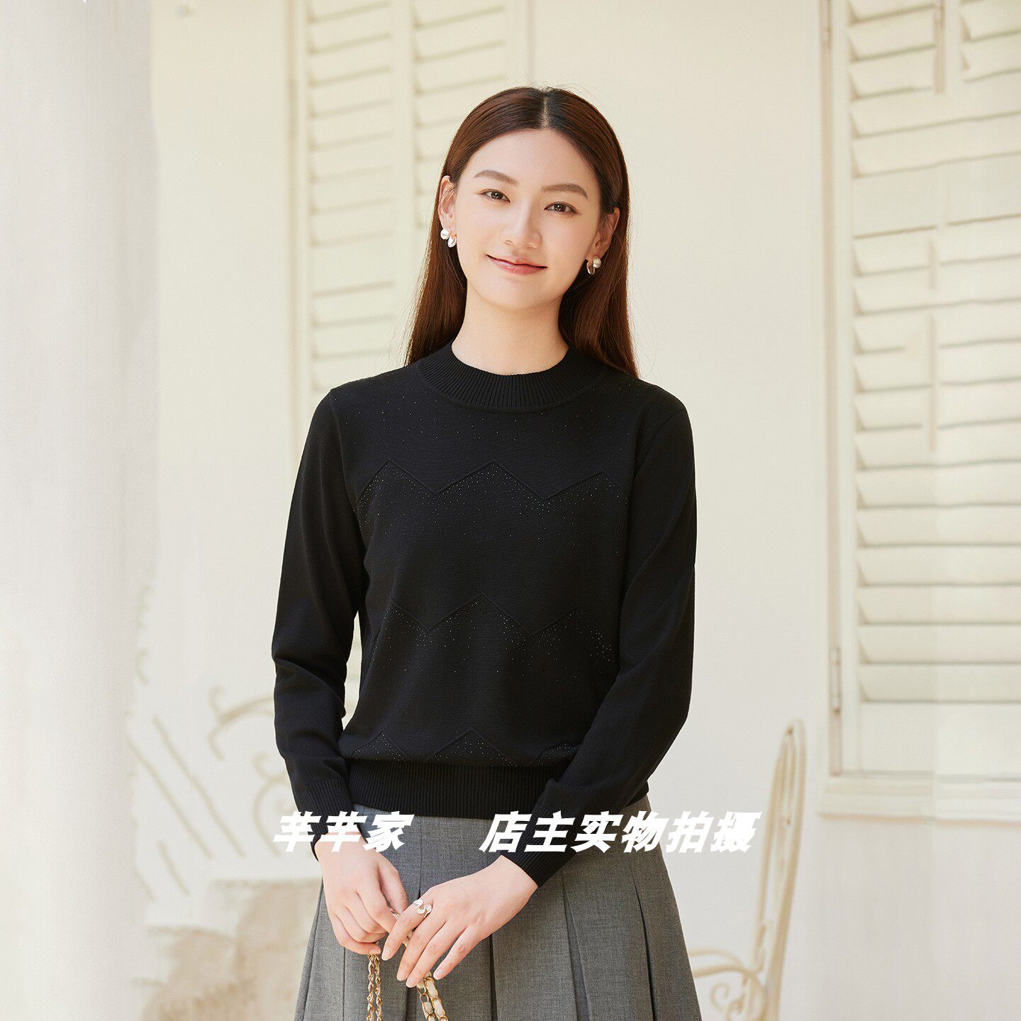 引儿Y1999女装针织衫2026秋冬小圆领长袖烫钻显瘦百搭套头衫上衣
