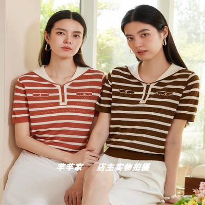 引儿Y3777天丝莱赛尔女针织衫2025夏学院风短袖条纹显瘦舒适上衣