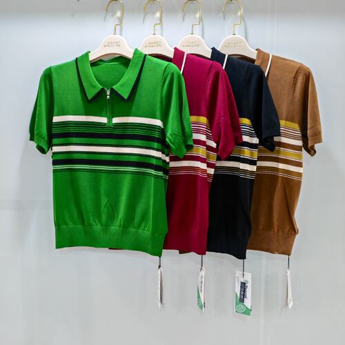 茜茜羽3064特价2025夏装新款女装条纹短袖莱赛尔针织衫女百搭上衣