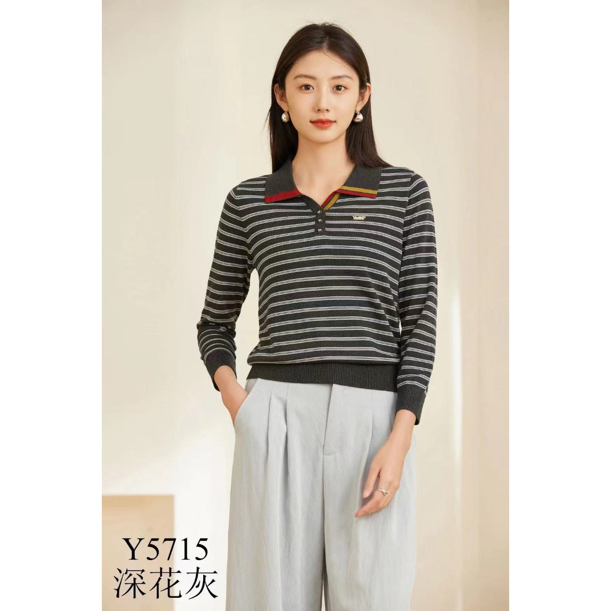 丝衣菲Y5715莱赛尔女毛衣2025秋款新品翻领长袖条纹显瘦套头上衣