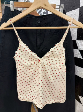 Brandy Girl BM新款美式复古红色碎花三粒扣背心小吊带bm内搭女