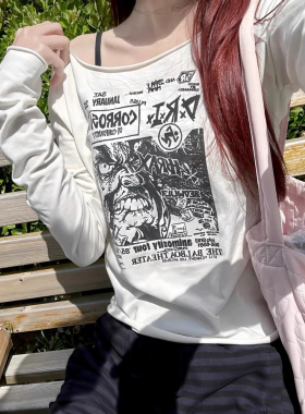 Brandy Girl BM美式复古卷边大圆领一字肩短袖bm印花摇滚上衣女