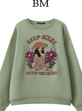 Brandy Girl BM美式复古蘑菇少女卫衣bm刺绣加绒慵懒休闲百搭上衣