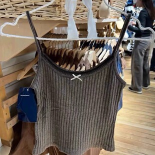 BM官网新款 纯欲风棕色蝴蝶结吊带背心bm百搭竖条纹辣妹短上衣 美式