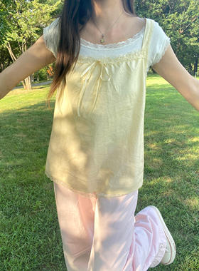 Brandy Girl BM新款美式复古蝴蝶结系带吊带背心bm百搭显瘦上衣女