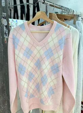 Brandy Girl BM官网美式复古V领菱格毛衣bm宽松休闲百搭上衣女潮
