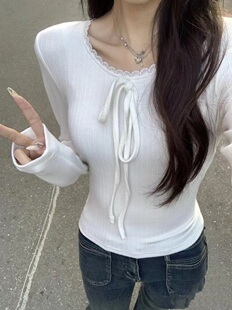 BM官网新款纯欲风花边圆领蝴蝶结系带上衣女bm长袖内搭打底t恤衫