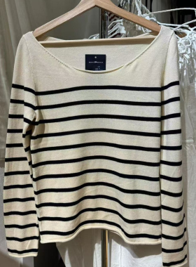 Brandy GirlBM官网美式复古条纹斜领长袖T恤bm修身显瘦百搭上衣女