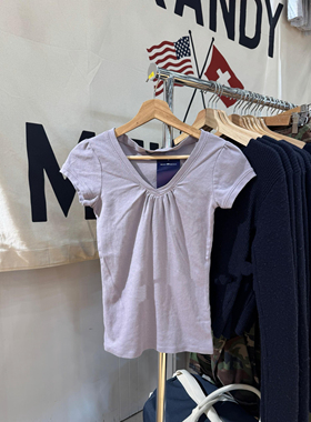 Brandy Girl 美式褶皱V领泡泡袖短袖T恤bm纯棉百搭显瘦辣妹上衣女