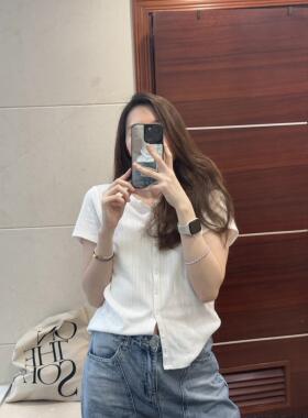 Brandy Girl BM白色花边领镂空刺绣短袖T恤修身内搭开衫纽扣上衣