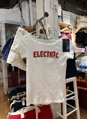 Brandy Girl美式复古纯色一字肩短袖T恤bm修身显瘦上衣打底衫bm女