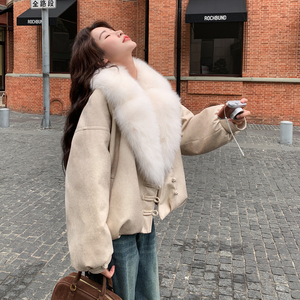 大毛领卡其色短款派克羽绒服女冬季新款超火好看加绒加厚工装外套图片