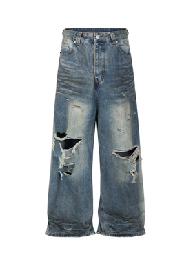 ins巴黎风蓝色糜烂泥染刀割破坏baggy牛仔裤 wookvibe同款拖地裤