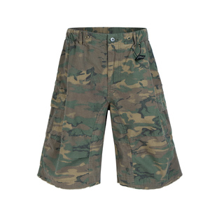 巴黎风格vintage高街baggy宽松廓形迷彩工装五分裤cargo七分短裤