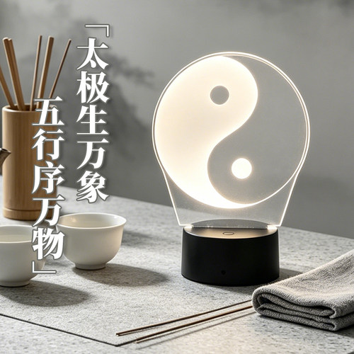 太极八卦图案阴阳五行金木水火土能量摆件玄关书房氛围易学小夜灯
