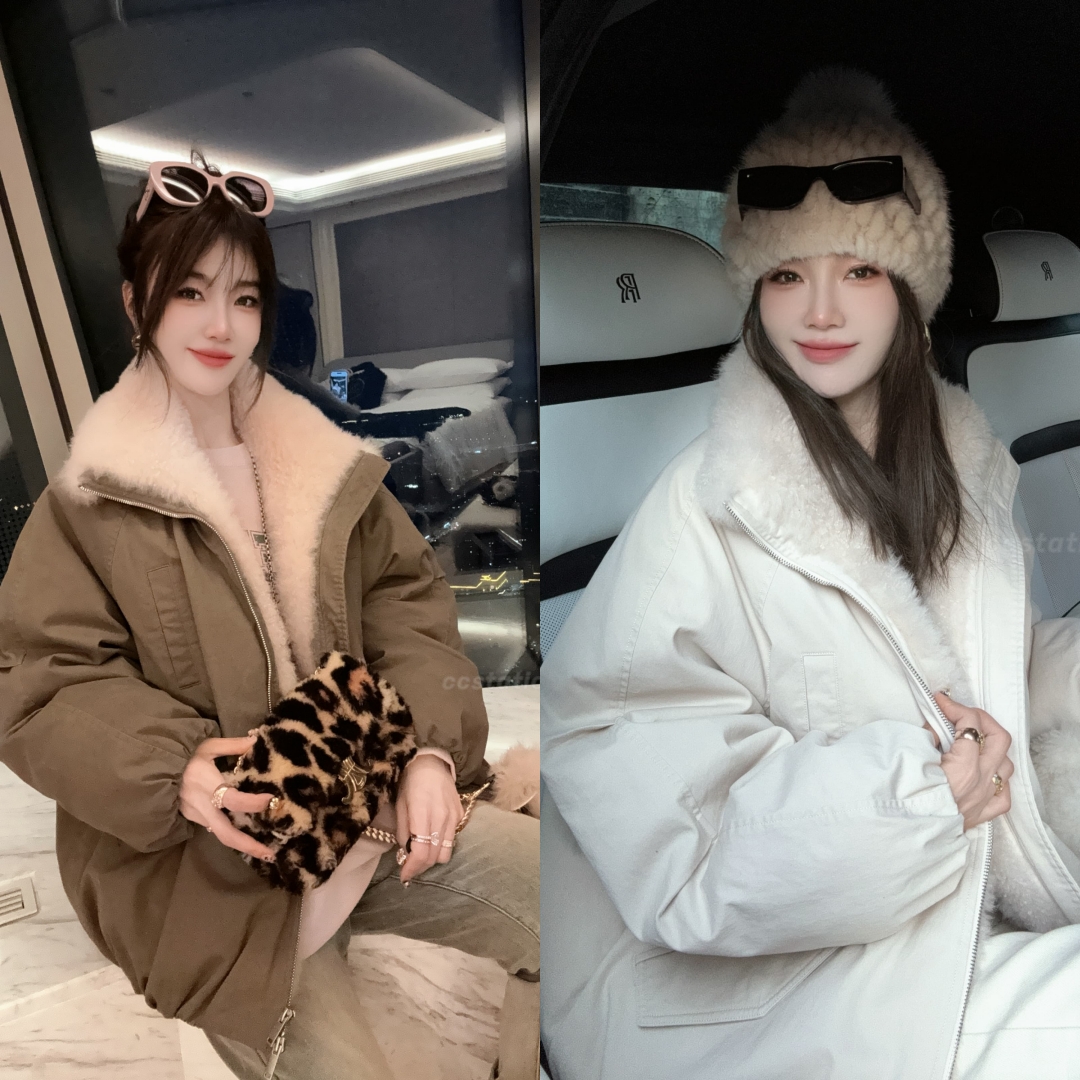 ccstations皮毛一体翻毛领袖褶斜兜派克服竖拉链羽绒服（白鹅绒）