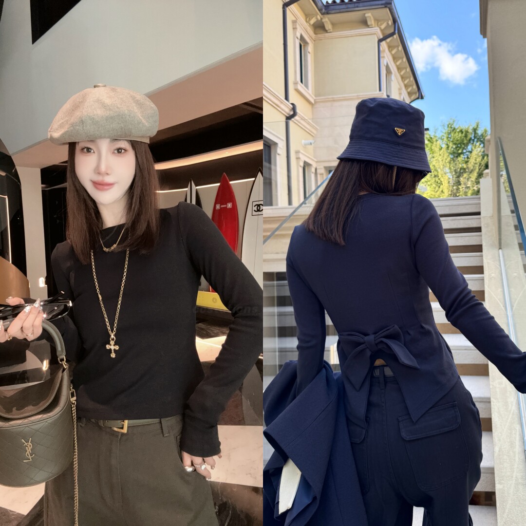 后背小缺口蝴蝶结收腰圆领打底衫